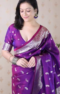 Purple banarasi silk zari woven saree with matching blouse piece 5
