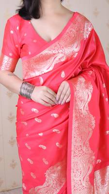 Gajri pink banarasi silk zari woven saree with matching blouse piece 4