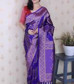 Violet banarasi silk leheriya zari woven saree with contrast blouse piece