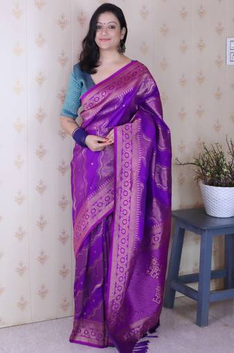 Purple banarasi silk leheriya zari woven saree with contrast blouse piece