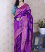 Purple banarasi silk leheriya zari woven saree with contrast blouse piece