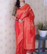 Red banarasi silk leheriya zari woven saree with contrast blouse piece