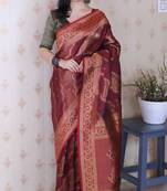 Maroon banarasi silk leheriya zari woven saree with contrast blouse piece
