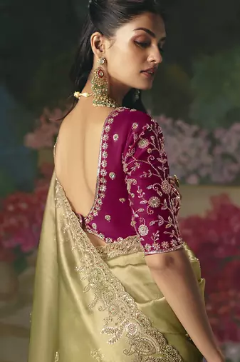 Fancy fabric embroidered saree in pista green