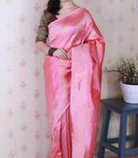 Pink banarasi silk leheriya zari woven saree with contrast blouse piece