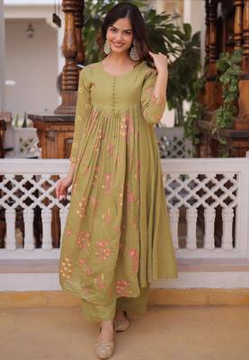 Mehendi women mal chanderi embroidered kurti with roman silk pant set 1