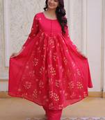 Pink women mal chanderi embroidered kurti with roman silk pant set