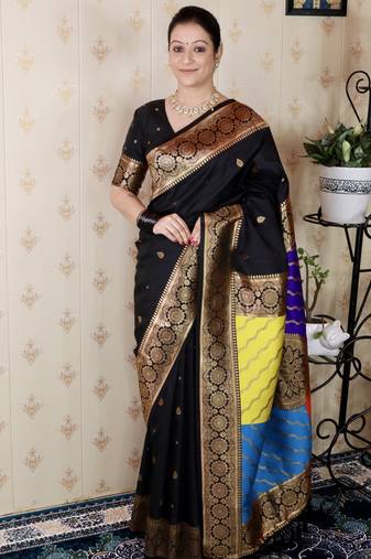 Black banarasi silk zari weaving saree with matching blouse piece