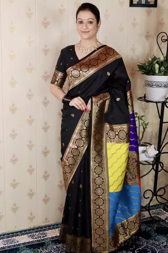 Black banarasi silk zari weaving saree with matching blouse piece