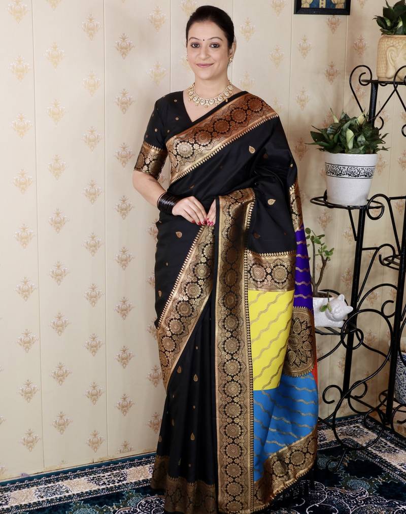 Black banarasi silk zari weaving saree with matching blouse piece
