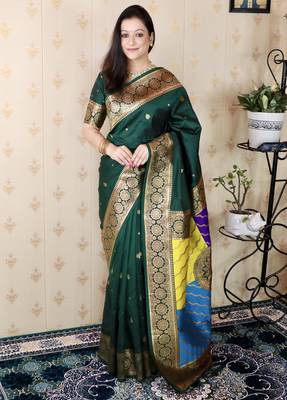 green banarasi silk saree with zari weaving 1