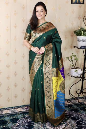Green banarasi silk zari weaving saree with matching blouse piece
