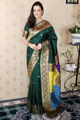 Green banarasi silk zari weaving saree with matching blouse piece