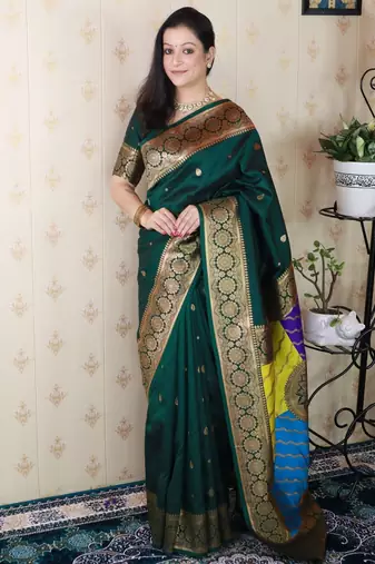 green banarasi silk saree with zari weaving