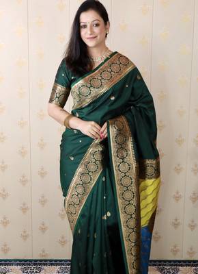 green banarasi silk saree with zari weaving 3