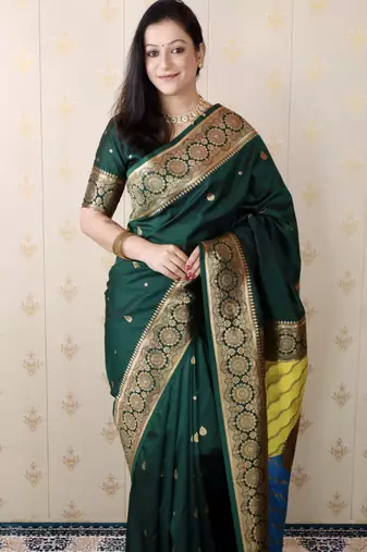 green banarasi silk saree with zari weaving