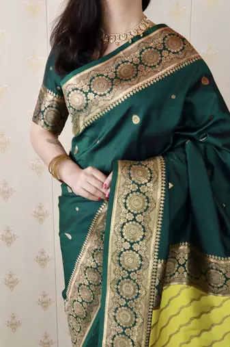 green banarasi silk saree with zari weaving