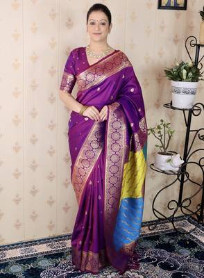 purple banarasi silk saree with zari weaving 1