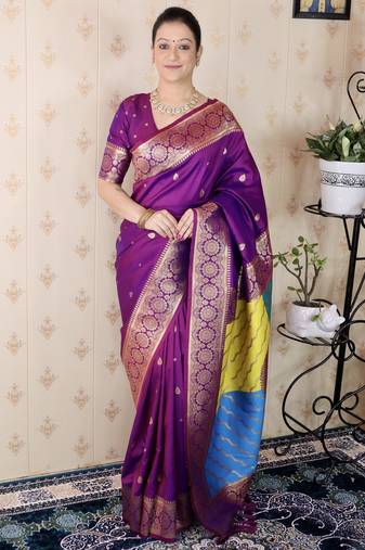 Purple banarasi silk zari weaving saree with matching blouse piece