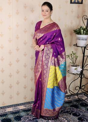 purple banarasi silk saree with zari weaving 2