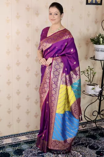 purple banarasi silk saree with zari weaving