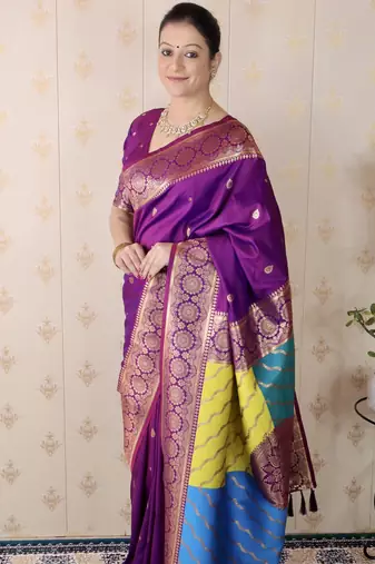 purple banarasi silk saree with zari weaving