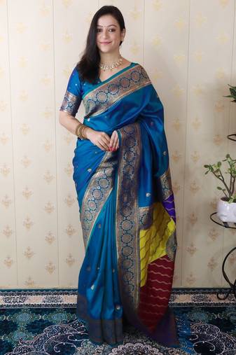 Teal banarasi silk zari weaving saree with matching blouse piece