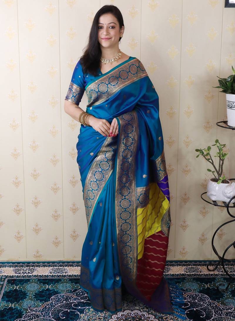 Teal banarasi silk zari weaving saree with matching blouse piece