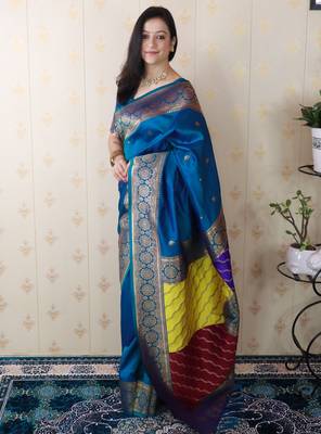 teal banarasi silk saree with zari weaving 2