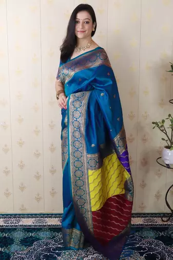 teal banarasi silk saree with zari weaving