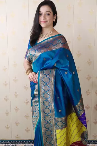 teal banarasi silk saree with zari weaving