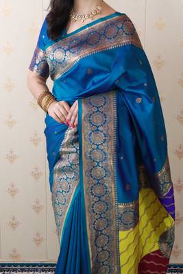 teal banarasi silk saree with zari weaving 5