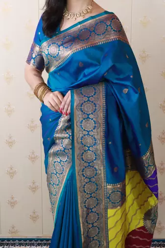 teal banarasi silk saree with zari weaving