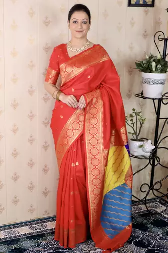 Red banarasi silk zari weaving saree with matching blouse piece