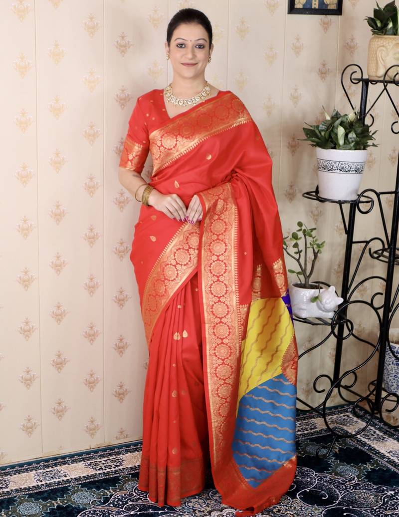 Red banarasi silk zari weaving saree with matching blouse piece