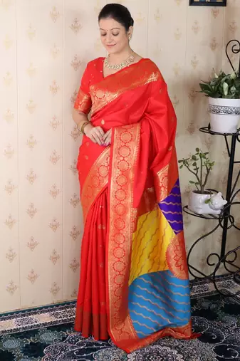 red banarasi silk saree with zari weaving