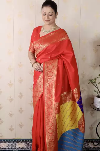 red banarasi silk saree with zari weaving