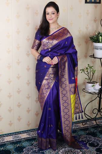 Violet banarasi silk zari weaving saree with matching blouse piece