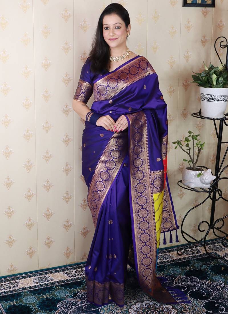 Violet banarasi silk zari weaving saree with matching blouse piece