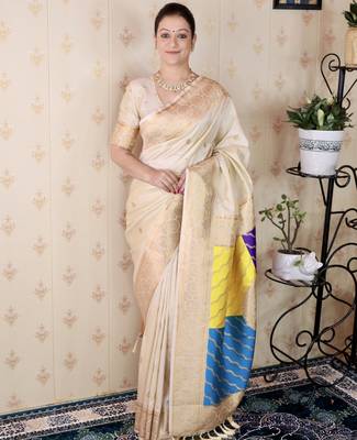 off white banarasi silk saree with zari weaving 1