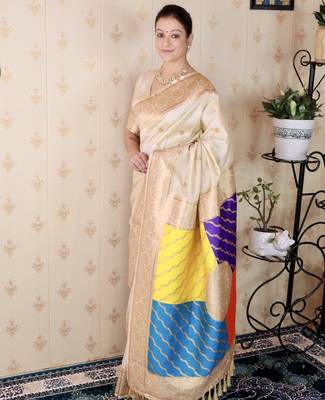 off white banarasi silk saree with zari weaving 2