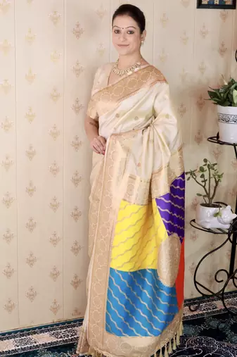 off white banarasi silk saree with zari weaving