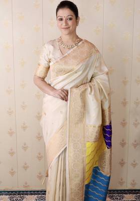 off white banarasi silk saree with zari weaving 3