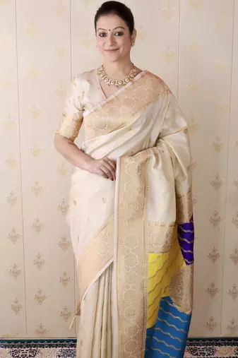 off white banarasi silk saree with zari weaving
