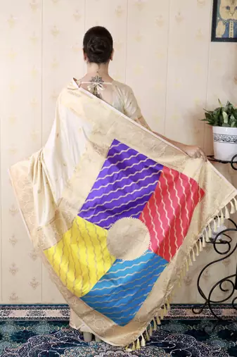 off white banarasi silk saree with zari weaving