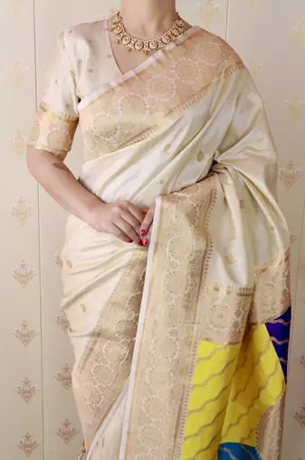 off white banarasi silk saree with zari weaving