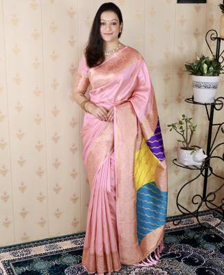 pink banarasi silk saree with zari woven work 1