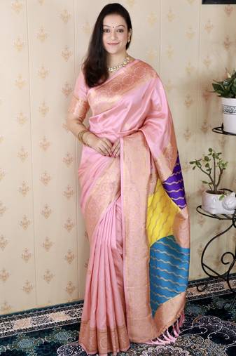 Pink banarasi silk zari weaving saree with matching blouse piece
