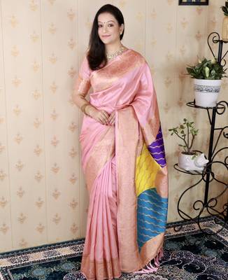 pink banarasi silk saree with zari woven work 2