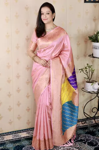 pink banarasi silk saree with zari woven work